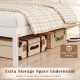 Twin size farmhouse wooden platform bed frame with 12" under-bed storage for boxes and seasonal items.