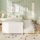 Full size bed frame in white with twin trundle and 3 storage drawers, perfect for teen or guest room organization.