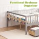 Full size gray daybed with fence, two drawers, and side storage shelf for children's books and toys.