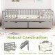 Full size gray daybed with fence, two pull-out drawers, and sturdy wooden slats for children's storage and safety.