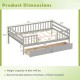 Full size gray daybed with fence and two pull-out drawers, featuring dimensions and storage details for children's room.