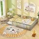 Full size gray floor bed with safety guardrails, low-to-ground design for kids, ideal for sleeping or playtime.