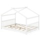 House-shaped full size Montessori floor bed in white with supportive headboard and slatted base for children's.