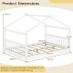 House-shaped Montessori floor bed in white with dimensions, slats, and headboard for children's creativity and comfort.