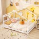 House-shaped Montessori floor bed in white with supportive headboard, perfect for children's creativity and play.
