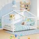 House-shaped full size Montessori floor bed in white with supportive headboard, ideal for children's creativity and.