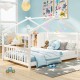Montessori floor bed in white featuring a house design, colorful decorations, and a child-friendly height for playtime.