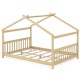 House-shaped full size Montessori floor bed in natural wood, designed for creativity and easy access for children.