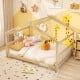 Montessori floor bed in white featuring a house design, playful ornaments, and solid wood legs for children's.
