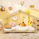 House-shaped Montessori floor bed in white with supportive headboard, ideal for children's creativity and playtime.