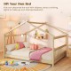 House-shaped Montessori floor bed in white with headboard, ideal for kids' creativity and easy access for playtime.