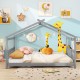 House-shaped Montessori floor bed in gray with supportive headboard, ideal for children's creativity and easy access.