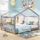 House-shaped full size Montessori floor bed in gray with headboard, ideal for children's creativity and play.