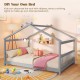 House-shaped full-size Montessori floor bed in white with headboard, perfect for kids' creativity and easy access.