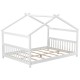 Montessori floor bed in white with a house design, featuring solid wood legs and a supportive headboard for kids' play.