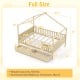 Full size house bed with roof and fence rails, natural wood, featuring two storage drawers for kids' toys and clothes.