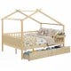 House-shaped full-size bed with fence rails, natural wood, and two large storage drawers for kids' toys and clothes.