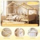 Full size house bed with roof and fence rails in natural wood, featuring storage drawers and whimsical design for kids.