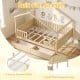 Full size house bed with roof and fence rails, natural wood, featuring 2 storage drawers and sturdy plywood slats.