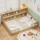 Montessori floor bed with integrated bookcase in natural wood, promoting independence and organized play for kids.