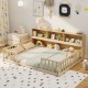Montessori floor bed with bookcase in natural wood, featuring a cozy sleeping area and ample storage for toys and books.
