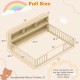 Full size Montessori floor bed with integrated bookcase in natural wood, promoting independence and organized storage.