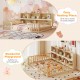 Montessori floor bed with integrated bookcase in natural wood, perfect for cozy resting and playful adventures for kids.
