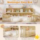 Full size Montessori floor bed with integrated bookcase, low-to-the-ground design, and fence rails for child safety.