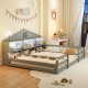 Montessori floor bed in gray with storage compartments and shelf, featuring a house shape and built-in LED lights for.