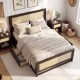 Full size rattan bed frame in rustic brown with storage drawers, featuring a boho aesthetic and sturdy wooden.