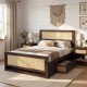 Full size rustic brown rattan bed frame with storage drawers, featuring a sturdy wooden construction and boho accents.