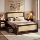 Full size rattan bed frame in rustic brown with storage drawers, featuring elegant woven accents for a boho aesthetic.