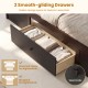 Full size rattan bed frame with smooth-gliding storage drawers in rustic brown, ideal for organizing bedroom essentials.