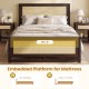 Full size rattan bed frame in rustic brown with embedded platform and storage drawers for organized bedroom space.