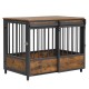 Furniture style dog crate with two doors, rustic brown wood top, and sturdy metal frame for small to medium-sized dogs.