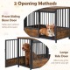 Furniture style dog crate in rustic brown with front sliding barn door and large side door for easy pet access.