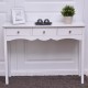 White side sofa table with three storage drawers and vintage metal handles, perfect for hallway or living room decor.