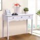 White side sofa table with three drawers and vintage metal handles, perfect for hallway or living room storage.