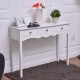 White side sofa table featuring three storage drawers and vintage metal handles, perfect for hallway or living room use.