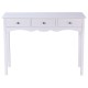 White side sofa table with three storage drawers and vintage metal handles, perfect for hallway or living room use.
