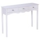 White side sofa table with three storage drawers and vintage metal handles, ideal for hallway or living room use.