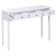 White side sofa table with three storage drawers, featuring vintage metal handles, ideal for hallway or living room use.