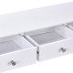White side sofa table featuring three slide-out drawers and vintage metal handles, ideal for living room storage.