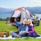 Couple enjoying a selfie in front of the 2 Person Portable Pickup Tent, ideal for camping and outdoor adventures.