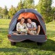 Two-person portable pickup tent with detachable cover, spacious interior, and waterproof fabric for outdoor adventures.