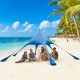 Blue 20 x 20 feet beach canopy tent with UPF50+ sun protection, set up for 2-3 people on the sandy beach.