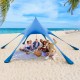 Spacious 20x20 feet blue beach canopy tent with UPF50+ sun protection, set up for 2-3 people on the sand.