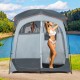 Oversize gray privacy shower tent with two rooms, removable rain fly, and inner pocket for toiletries, ideal for.