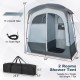 Oversize gray shower tent with two rooms, removable rain fly, and inner pocket, ideal for outdoor privacy.