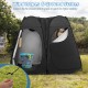 Oversized pop-up shower tent in black with window, storage pocket, and ground stakes for stability during use.